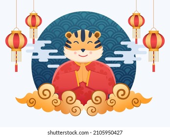 Cute Tiger Gruß glücklich Chinesisch Neujahr 2022 Jahr der Tiger Zodiac Illustration. Glück und Jahr des Tigers. Kann für Grußkarte, Postkarte, Einladung, Poster, Banner, Web verwendet werden.