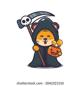 cute tiger grim reaper holding halloween pumpkin