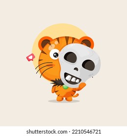 Cute tiger with halloween mask cartoon illustration