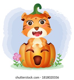 a cute tiger in the halloween pumpkin
