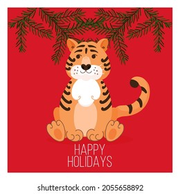 Cute tiger hand drawn greeting card. For Christmas cards and winter design.