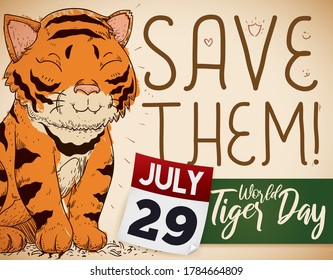 Tigre felíz al estilo dibujado a mano, con clamor promoviendo los esfuerzos de conservación para salvarlos, y conmemorando el Día Mundial del Tigre con calendario y fecha de recordatorio: 29 de julio.