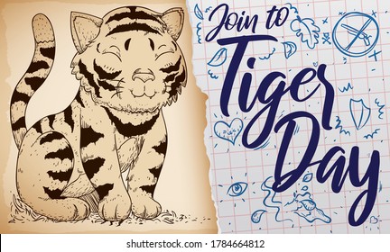Tigre lindo con estilo dibujado a mano y papel portátil con garabatos que promueven la unión al Día del Tigre, protegiendo su hábitat y deteniendo la caza.
