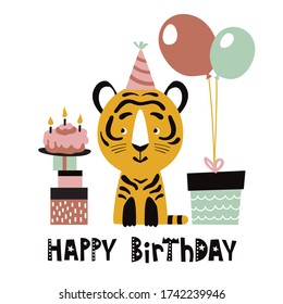 Cute tiger. Happy Birthday cartoon vector illustration