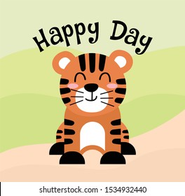 Cute Tiger Happy Day design with green background, good for icon, mascot, card, banner, poster, print and other uses.