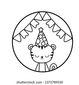 cute tiger with hat party in frame circular