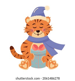 Cute tiger in hat and scarf with gift. New Year character. 
