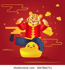 cute tiger having fun happy new year merry christmas holiday greeting card