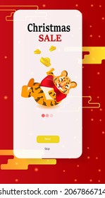 cute tiger having fun new year christmas holidays sale greeting card vertical