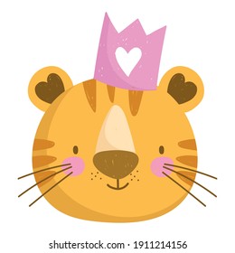 cute tiger head animal with crown cartoon character vector illustration