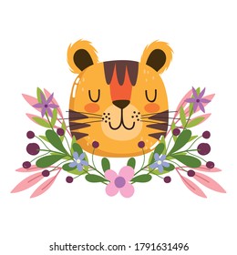 cute tiger head animal flowers foliage nature decoration cartoon vector illustration