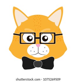 cute tiger head animal with glasses and tie bow