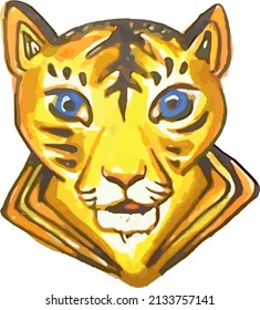 Cute tiger head with blue eyes on white. Grunge tiger cub head in orange tonality for prints on T-shirts, textiles, fashion trends, interior solutions, covers, fabric products, web icons, wallpaper