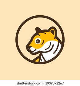 Cute tiger head - cartoon animal character. Simple contour vector illustration for emblem, badge, insignia.