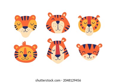 Cute tiger head character design set for Chinese New Year. Childish print for cards, party invitations and decoration. 
