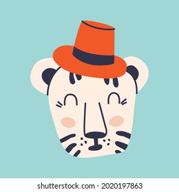 Cabeza tigre. Doodle de colores, cachorro de tigre blanco en el sombrero. Ilustración de dibujos animados. Símbolo del año 2022.