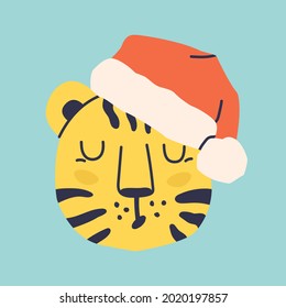 Cute tiger head. Colored doodles, yellow tiger New Year in Santa Claus hat. Cartoon vector illustration. Symbol of 2022.