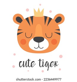 cute tiger head in crown, animal print vector illustration isolated on white background, print for kids