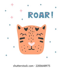 Cabeza tigre. Carácter vector dibujado a mano. Letras manuscritas ruidosas. Estilo de dibujos animados escandinavos. Para web, afiches, invitaciones, postales, tarjetas de felicitación, volantes, etc.