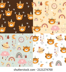 Cute tiger head and planet in boho style seamless pattern set. Vector cartoon illustration. Design for nursery art, t-shirts, posters