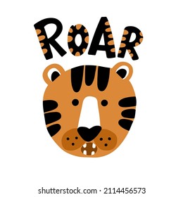 Cute tiger head roaring. Hand drawn african animal with lettering text Roar isolated on white background. Vector illustration for kids print, room decoration, poster, funny avatars.