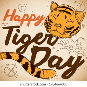 Cabeza de tigre caliente y cola rayada decorada con garabatos, promocionando para conmemorar el Día del Tigre con esfuerzos de conciencia y conservación.