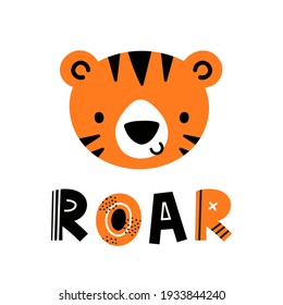 Cute tiger head with word roar. Animal doodle illustration.