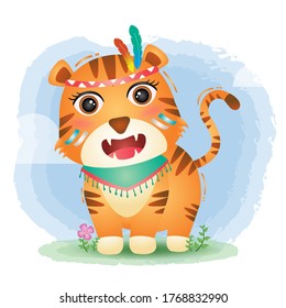 a cute tiger in a headdress with feathers. Cartoon apache tiger. Vector illustration