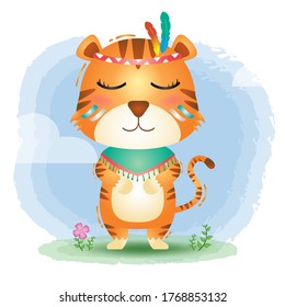 a cute tiger in a headdress with feathers. Cartoon apache tiger. Vector illustration