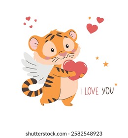 Cute tiger with heart and text I love you. Valentines day animals. Happy valentines cute sticker vector set. Children's illustration, Vector illustration