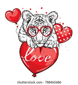 Cute tiger with hearts, glasses and a bow. Vector illustration for a postcard or a poster, print for clothes. Valentine's Day, love and friendship. Tiger cub in clothes and accessories.