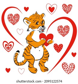 Cute tiger with hearts. Vector illustration for a postcard or a poster, print for clothes. Valentine's Day, love and friendship. Tiger cub in accessories.