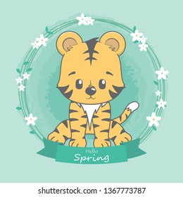 Cute tiger hello spring cartoon hand drawn vecter illustration. Use for greeting and invitation card.