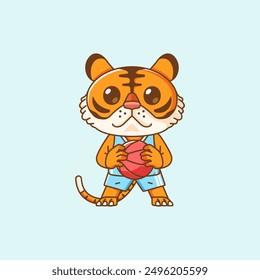 Cute tiger hold basketball player play basket kawaii chibi character mascot illustration outline style design set