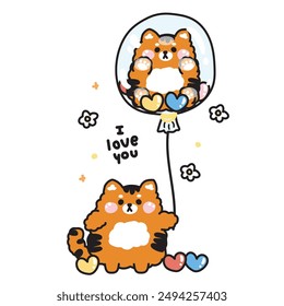 Cute tiger hold bubble with heart.Tiger doll stay in bubble.I love you text.Wild animal character cartoon design.Celebrate party.Birthday.Kawaii.Vector.Illustration.