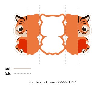 Cute tiger hold heart. Fold long greeting card template. Great for St. Valentine day, birthdays, baby showers. Printable color scheme. Print, cut out, fold. Vector stock illustration.