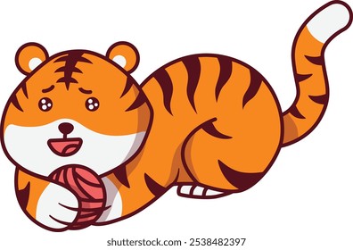 Tigre bonito segurando a bola de fio ilustração