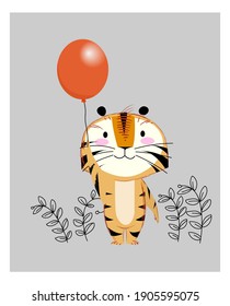 Cute tiger holding balloon icon vector illustration. Zoo ,Branch,ornament,card.