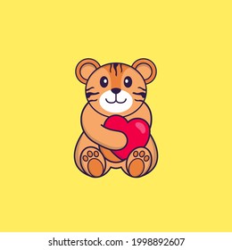 Cute tiger holding a big red heart. Animal cartoon concept isolated. Can used for t-shirt, greeting card, invitation card or mascot.