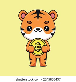 cute tiger holding bitcoin cartoon mascot doodle art hand drawn outline concept vector kawaii icon illustration