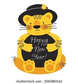 Cute tiger is holding a blackboard with text: Happy New Year! Vector flat illustration. Isolated.