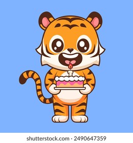 Cute Tiger Holding Cake Birthday Party Cartoon Vector Icon Illustration. Animal Food Icon Concept Isolated Premium Vector. Flat Cartoon Style