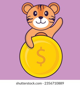 Cute tiger holding coin. Animal cartoon concept isolated. Can used for t-shirt, greeting card, invitation card or mascot