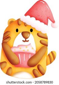 the cute tiger is holding cupcake for party.it is wearing christmas hat and smiling.the picture cute cartoon character is suitable for card or printable.