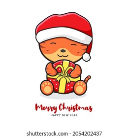 Cute tiger holding gift greeting merry christmas and happy new year cartoon doodle card background illustration design flat cartoon style