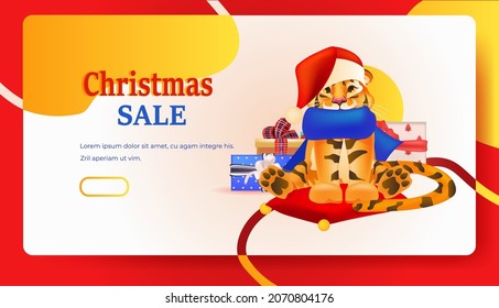 cute tiger holding gifts happy new year merry christmas holiday celebration greeting card horizontal