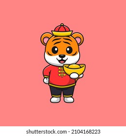 Cute tiger holding gold cartoon vector icon illustration. Flat cartoon style.