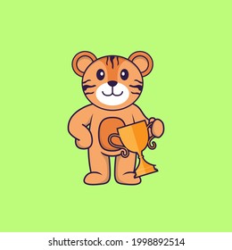 Cute tiger holding gold trophy. Animal cartoon concept isolated. Can used for t-shirt, greeting card, invitation card or mascot.