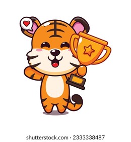 cute tiger holding gold trophy cup cartoon vector illustration.