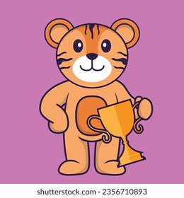 Cute tiger holding gold trophy. Animal cartoon concept isolated. Can used for t-shirt, greeting card, invitation card or mascot